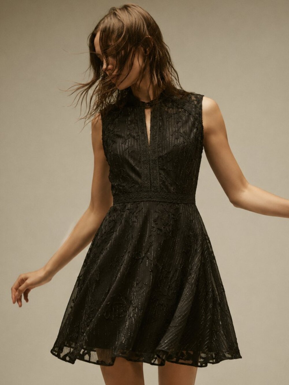 Academia Cocktail Y2K Petite Black Floral Jacquard Fit & Flare Mini Dress